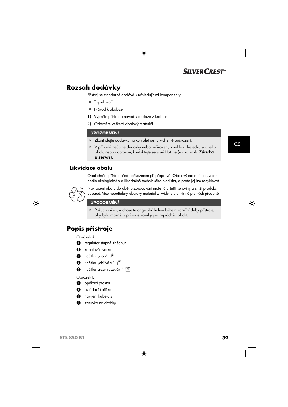 Rozsah dodávky, Popis přístroje, Likvidace obalu | Silvercrest STS 850 C1 User Manual | Page 42 / 76