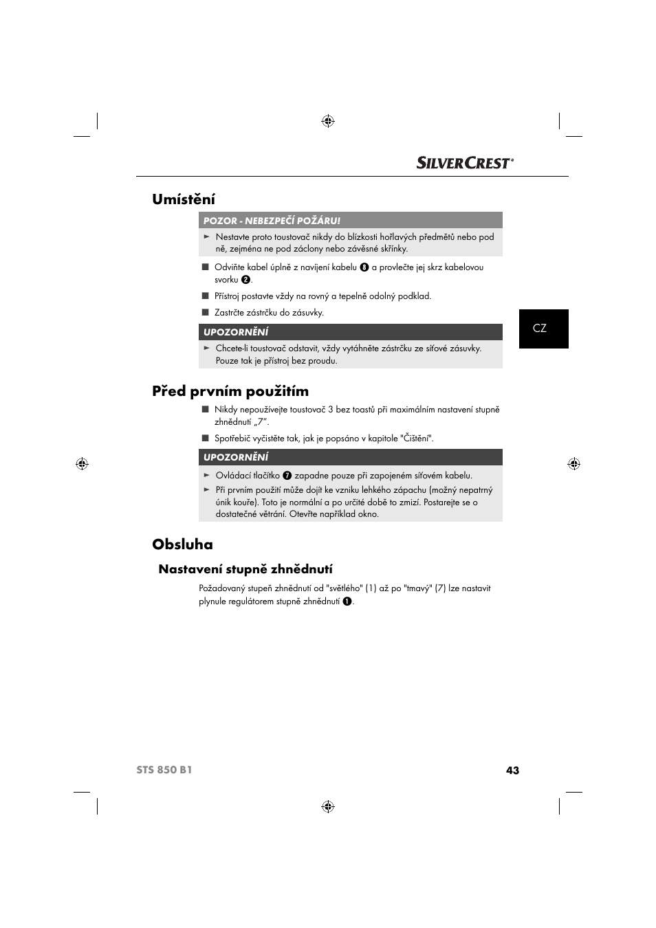 Umístění, Před prvním použitím, Obsluha | Nastavení stupně zhnědnutí | Silvercrest STS 850 C1 User Manual | Page 46 / 76