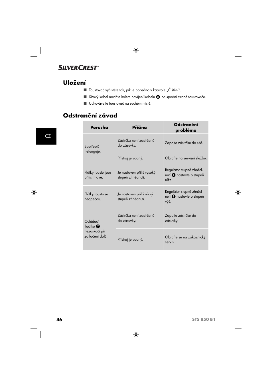 Uložení, Odstranění závad | Silvercrest STS 850 C1 User Manual | Page 49 / 76