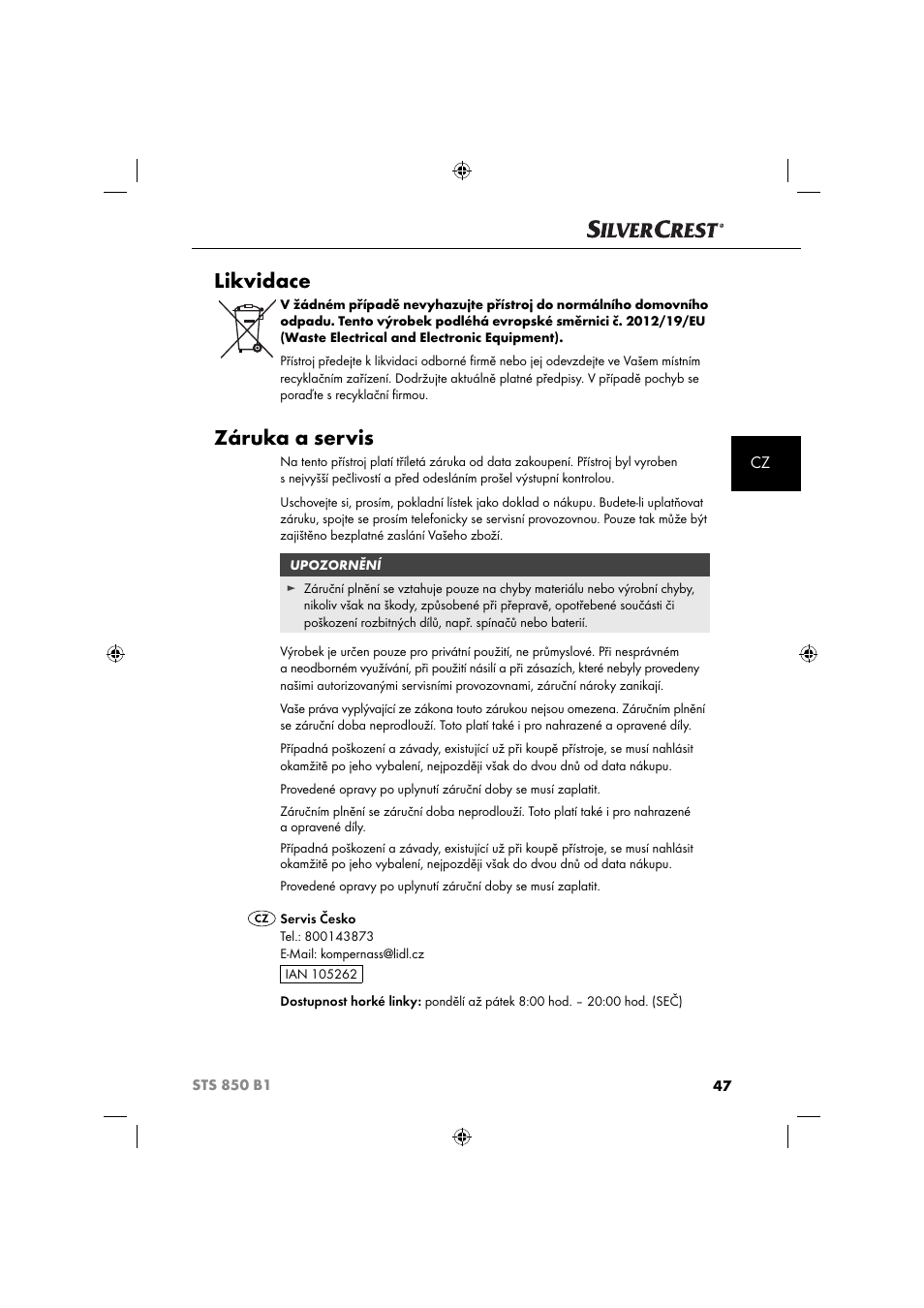 Likvidace, Záruka a servis | Silvercrest STS 850 C1 User Manual | Page 50 / 76