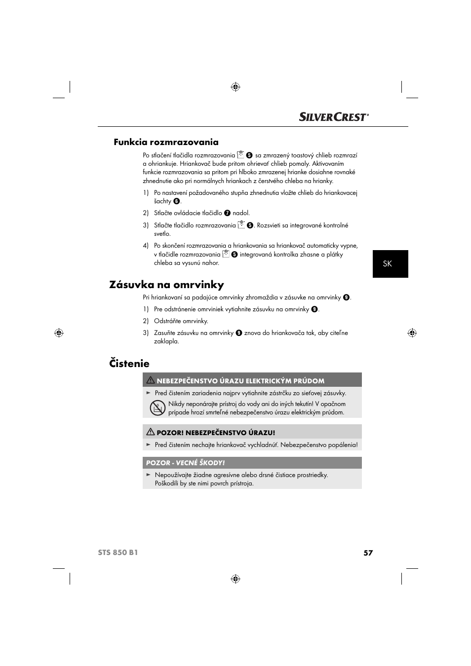 Zásuvka na omrvinky, Čistenie, Funkcia rozmrazovania | Silvercrest STS 850 C1 User Manual | Page 60 / 76
