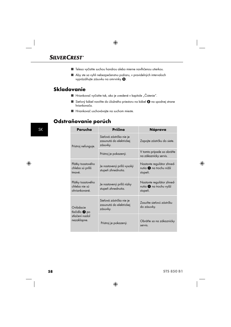 Skladovanie, Odstraňovanie porúch | Silvercrest STS 850 C1 User Manual | Page 61 / 76