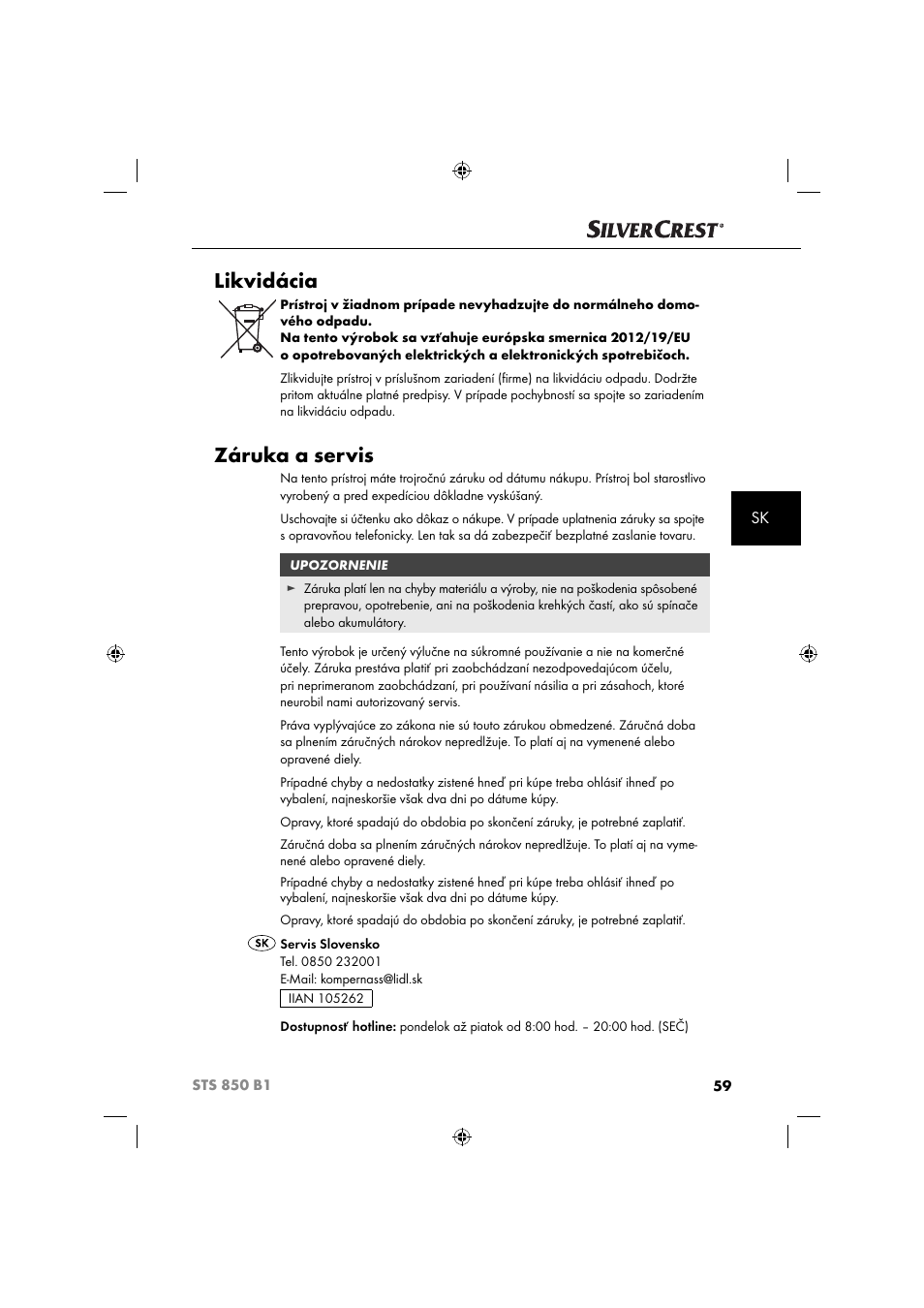 Likvidácia, Záruka a servis | Silvercrest STS 850 C1 User Manual | Page 62 / 76