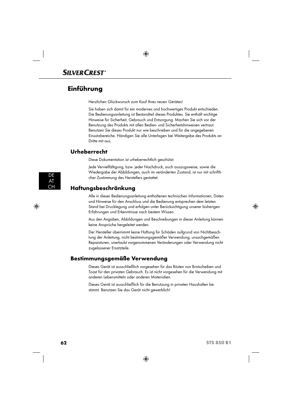 Einführung, Urheberrecht, Haftungsbeschränkung | Bestimmungsgemäße verwendung, De at ch | Silvercrest STS 850 C1 User Manual | Page 65 / 76