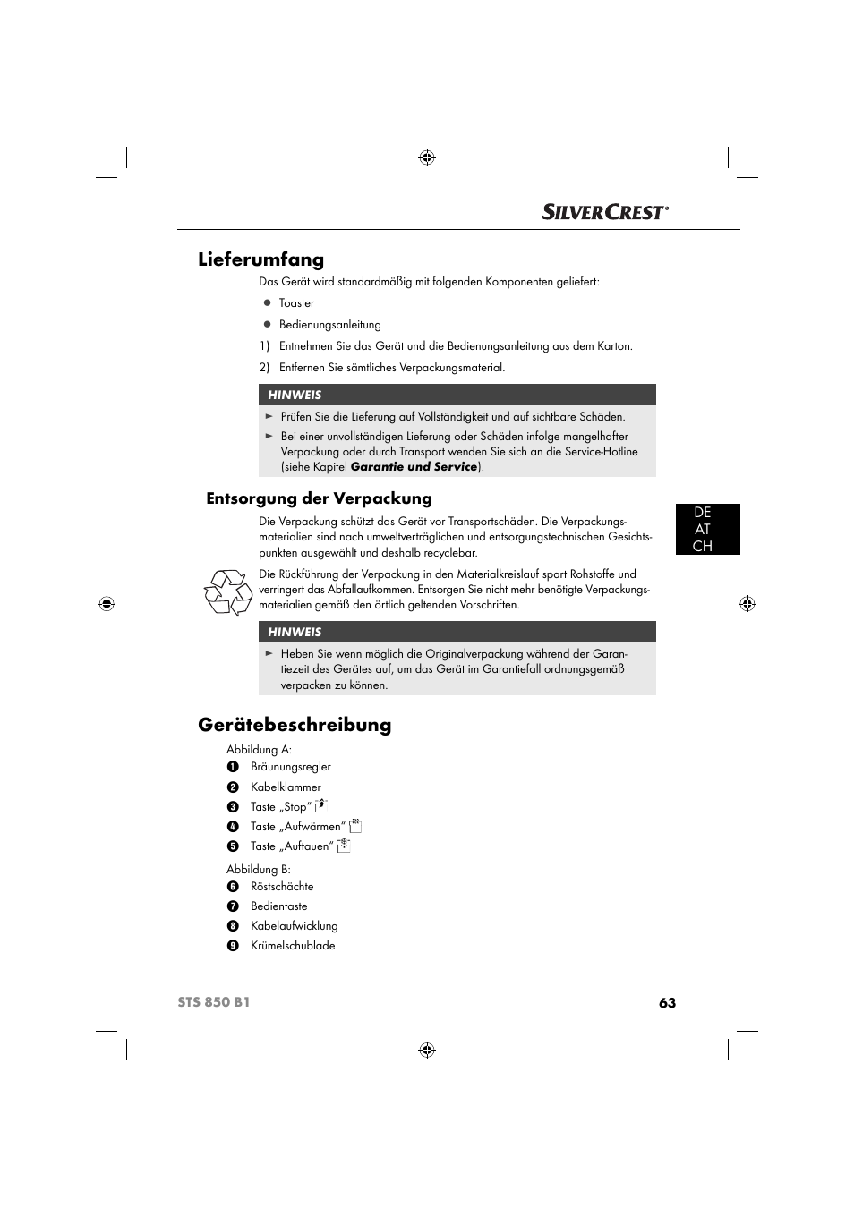 Lieferumfang, Gerätebeschreibung, Entsorgung der verpackung | De at ch | Silvercrest STS 850 C1 User Manual | Page 66 / 76