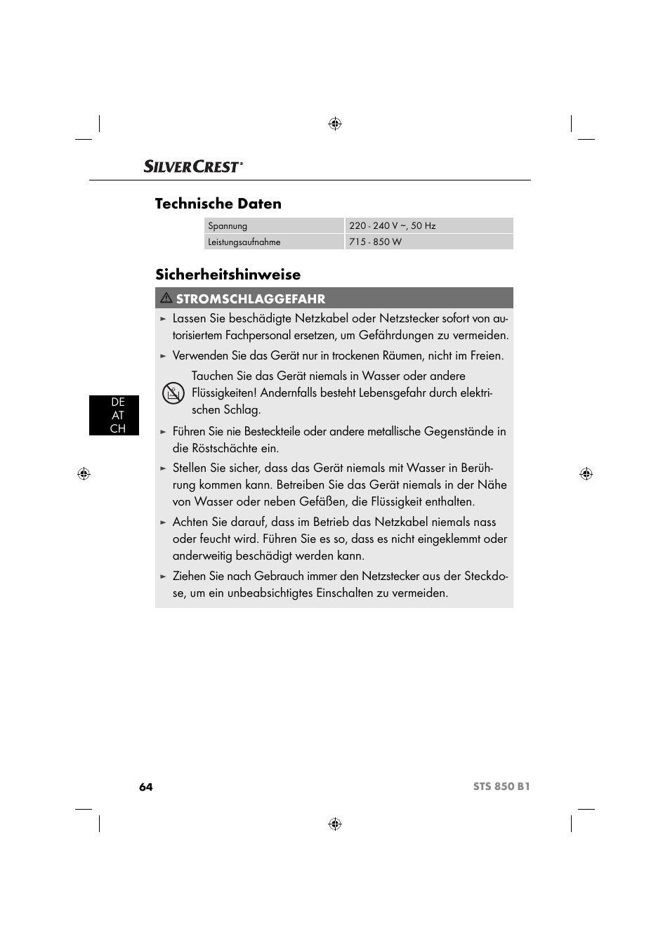 Technische daten, Sicherheitshinweise, Stromschlaggefahr | Silvercrest STS 850 C1 User Manual | Page 67 / 76
