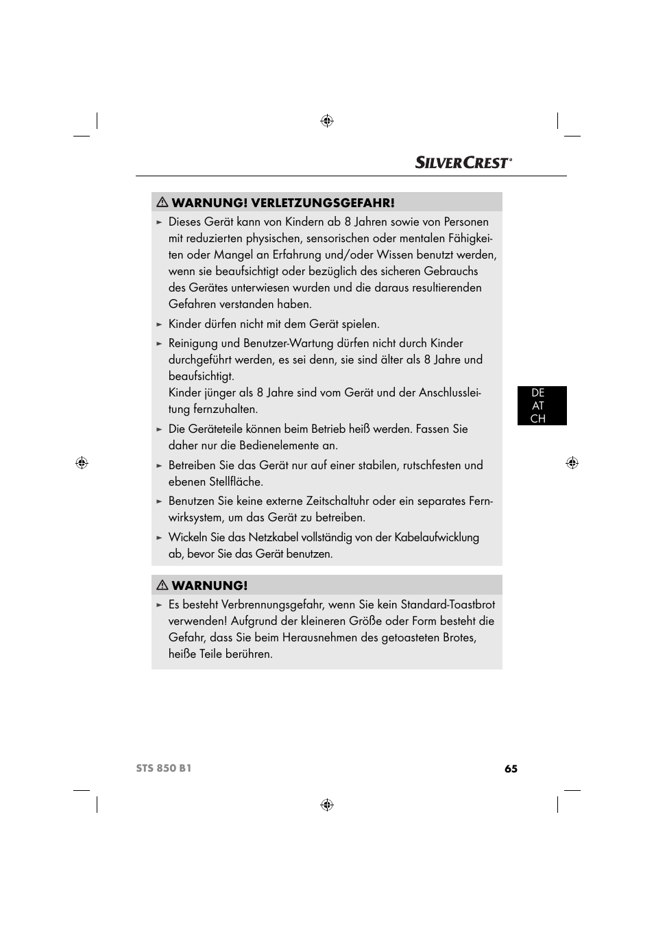 Warnung! verletzungsgefahr, Kinder dürfen nicht mit dem gerät spielen | Silvercrest STS 850 C1 User Manual | Page 68 / 76