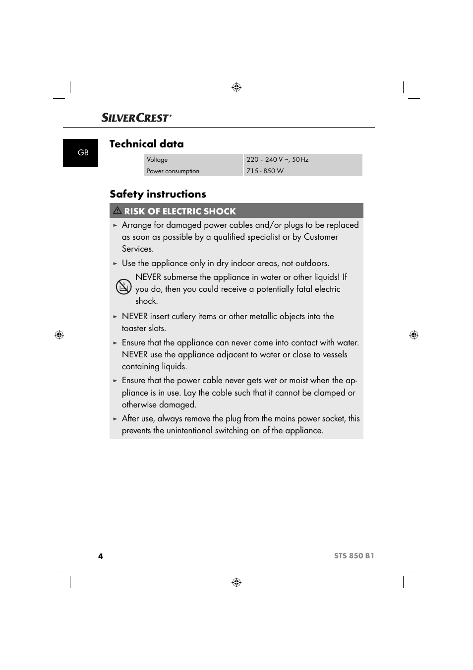Technical data, Safety instructions, Risk of electric shock | Silvercrest STS 850 C1 User Manual | Page 7 / 76