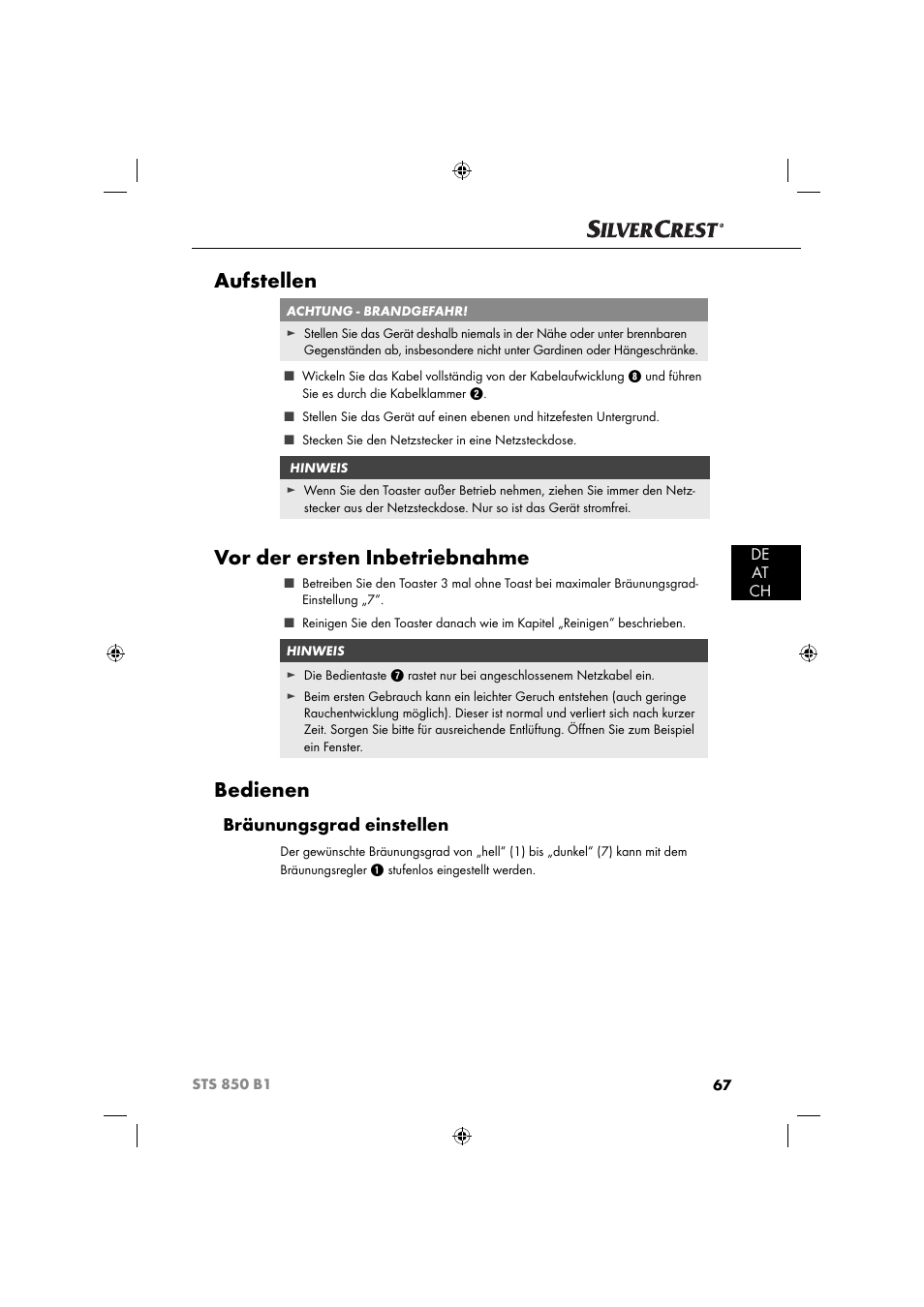 Aufstellen, Vor der ersten inbetriebnahme, Bedienen | Bräunungsgrad einstellen, De at ch | Silvercrest STS 850 C1 User Manual | Page 70 / 76