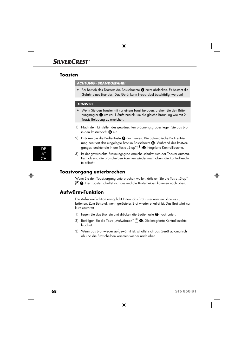 Toasten, Toastvorgang unterbrechen, Aufwärm-funktion | De at ch | Silvercrest STS 850 C1 User Manual | Page 71 / 76