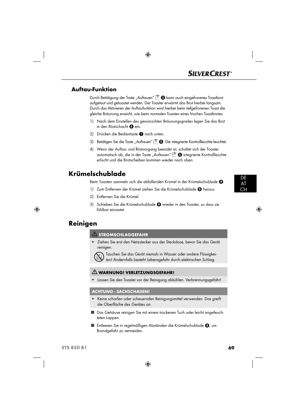 Krümelschublade, Reinigen, Auftau-funktion | De at ch | Silvercrest STS 850 C1 User Manual | Page 72 / 76