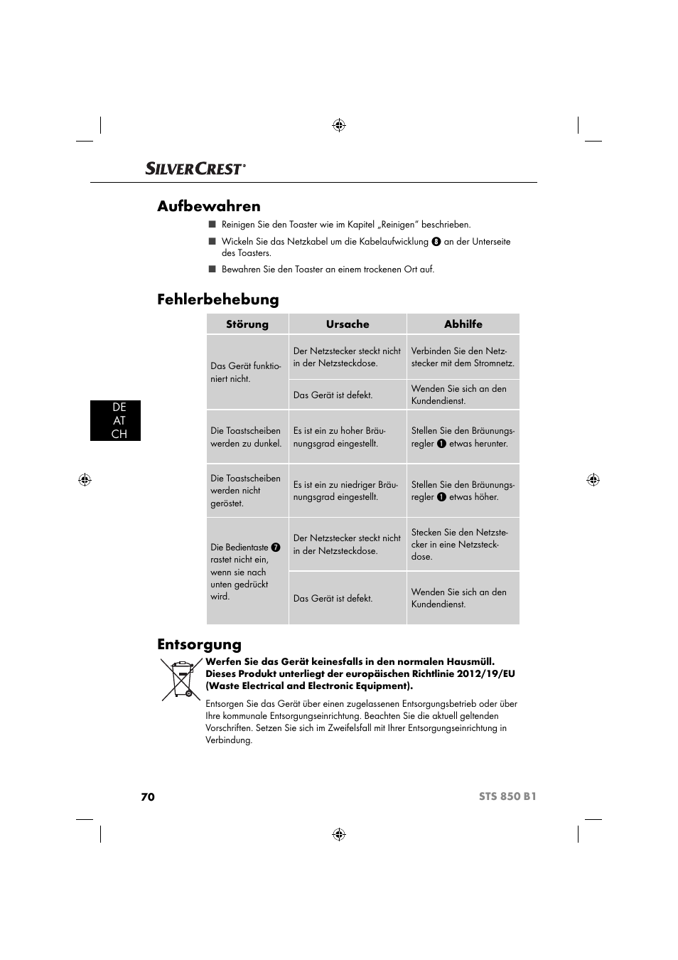 Aufbewahren, Fehlerbehebung, Entsorgung | De at ch | Silvercrest STS 850 C1 User Manual | Page 73 / 76