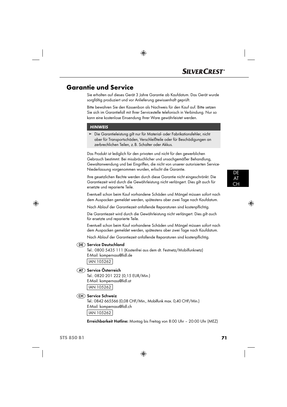 Garantie und service, De at ch | Silvercrest STS 850 C1 User Manual | Page 74 / 76