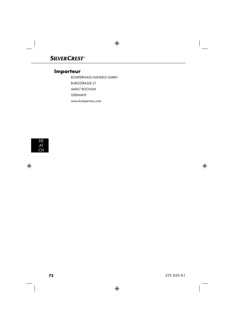 Importeur, De at ch | Silvercrest STS 850 C1 User Manual | Page 75 / 76