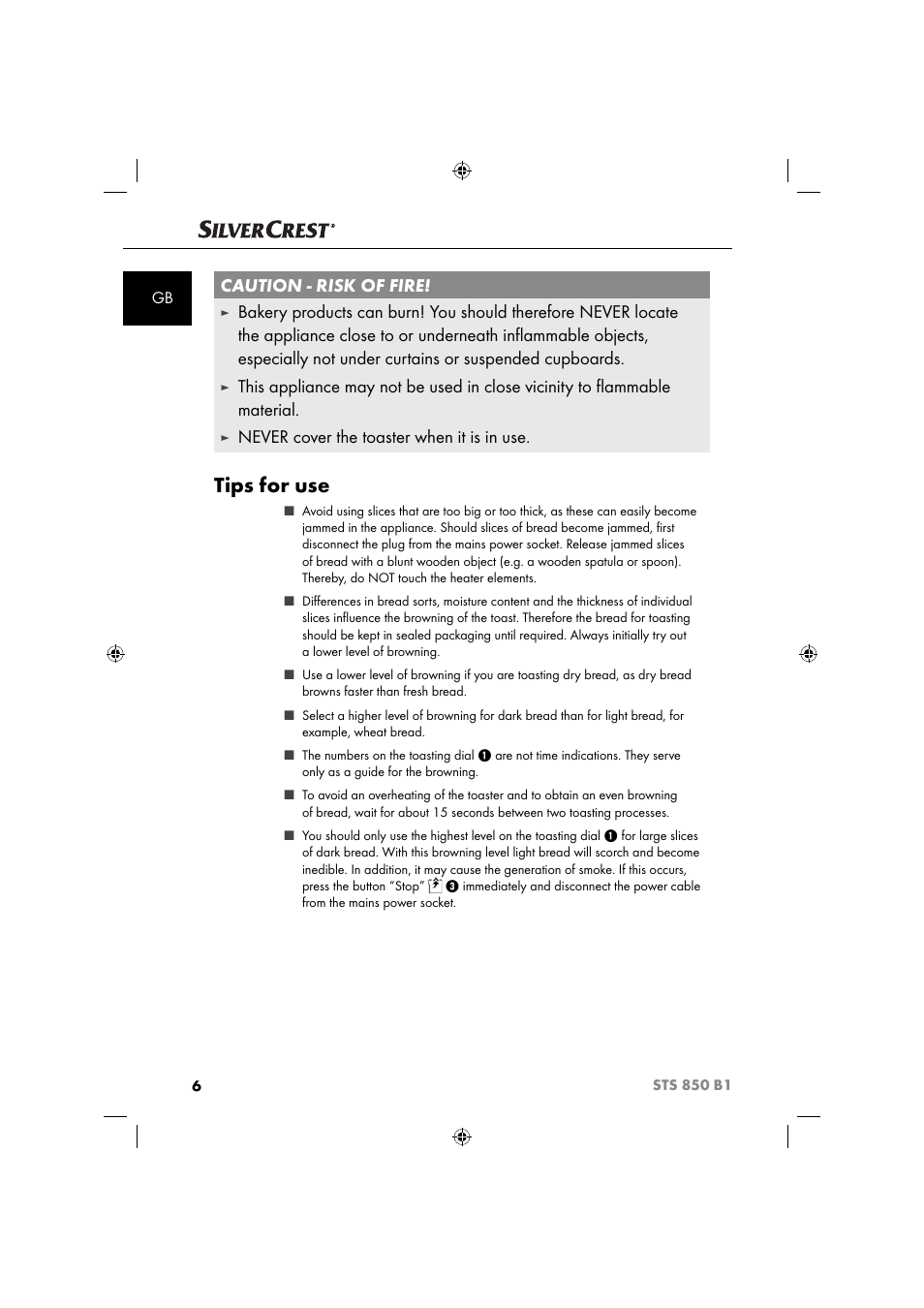 Tips for use, Caution - risk of fire, Never cover the toaster when it is in use | Silvercrest STS 850 C1 User Manual | Page 9 / 76