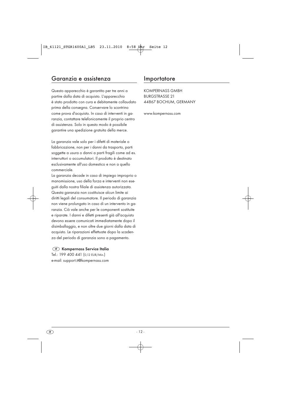 Garanzia e assistenza, Importatore | Silvercrest STGR 1600 A1 User Manual | Page 14 / 32