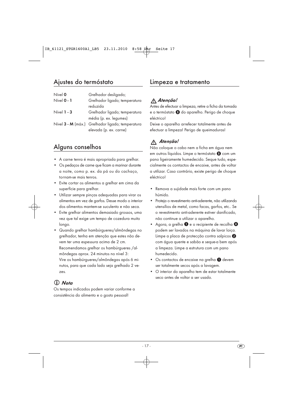 Ajustes do termóstato, Alguns conselhos, Limpeza e tratamento | Nota, Atenção | Silvercrest STGR 1600 A1 User Manual | Page 19 / 32