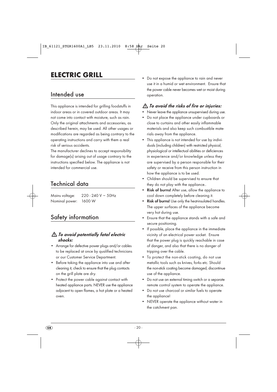 Electric grill, Intended use, Technical data | Safety information | Silvercrest STGR 1600 A1 User Manual | Page 22 / 32