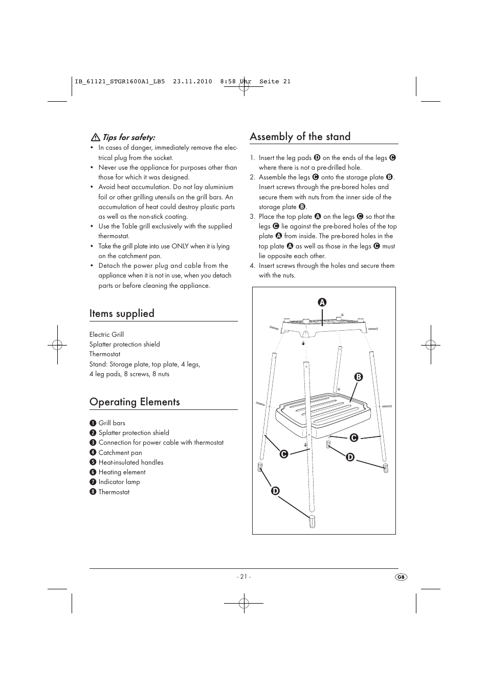 Items supplied, Operating elements, Assembly of the stand | Silvercrest STGR 1600 A1 User Manual | Page 23 / 32