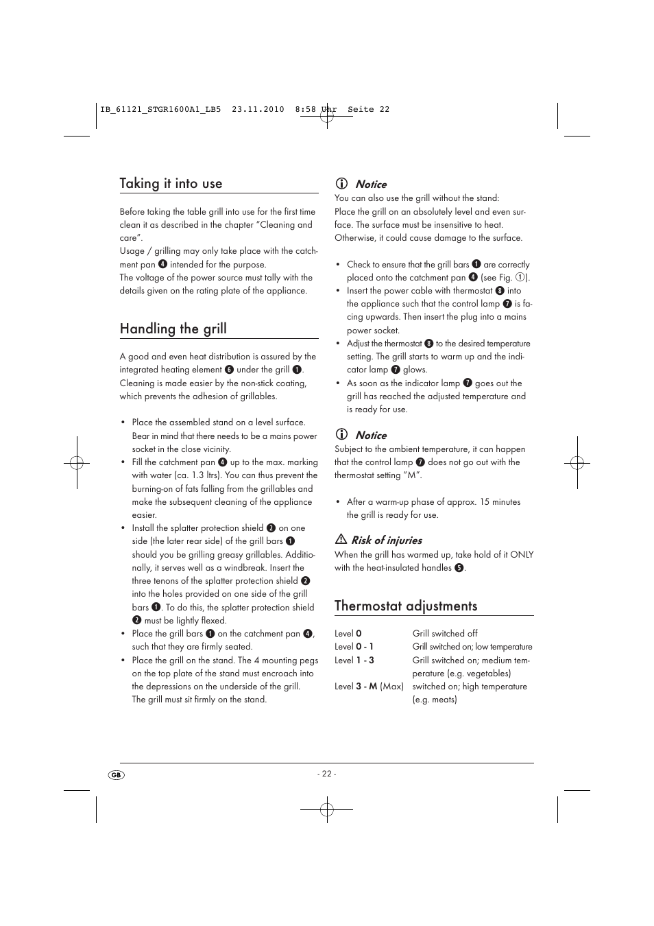 Taking it into use, Handling the grill, Thermostat adjustments | Silvercrest STGR 1600 A1 User Manual | Page 24 / 32