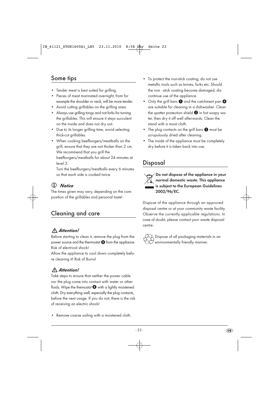 Some tips, Cleaning and care, Disposal | Silvercrest STGR 1600 A1 User Manual | Page 25 / 32