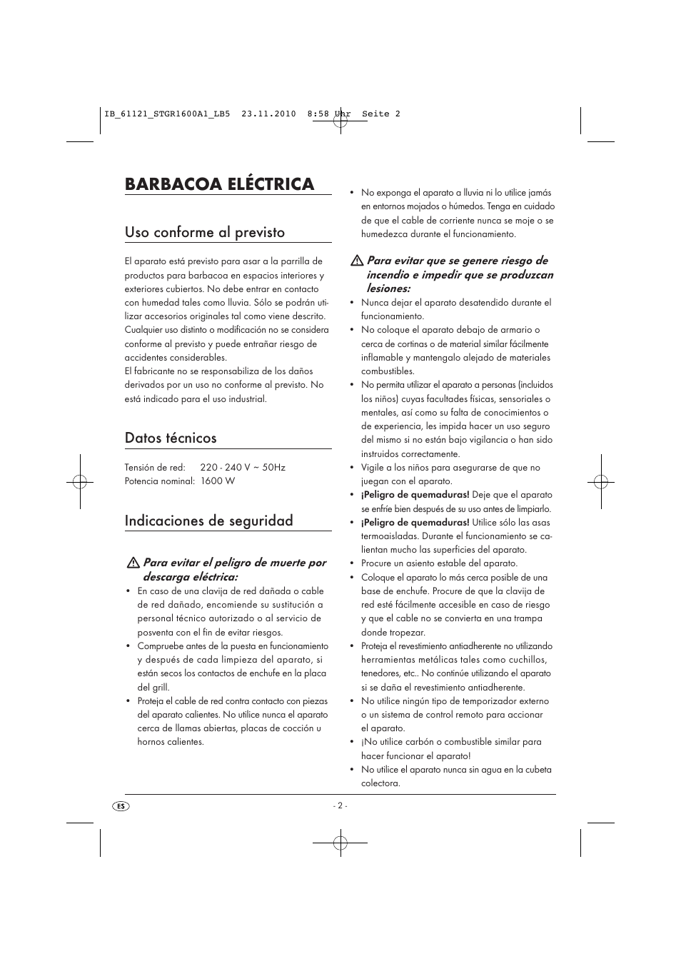 Barbacoa eléctrica, Uso conforme al previsto, Datos técnicos | Indicaciones de seguridad | Silvercrest STGR 1600 A1 User Manual | Page 4 / 32