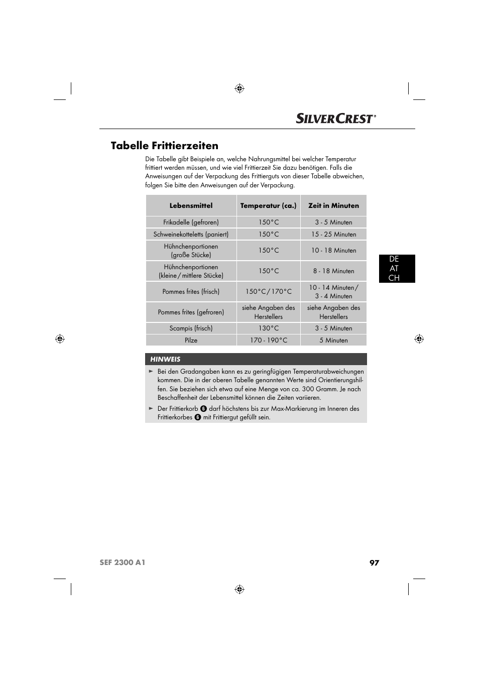 Tabelle frittierzeiten, De at ch | Silvercrest SEF 2300 A1 User Manual | Page 100 / 104