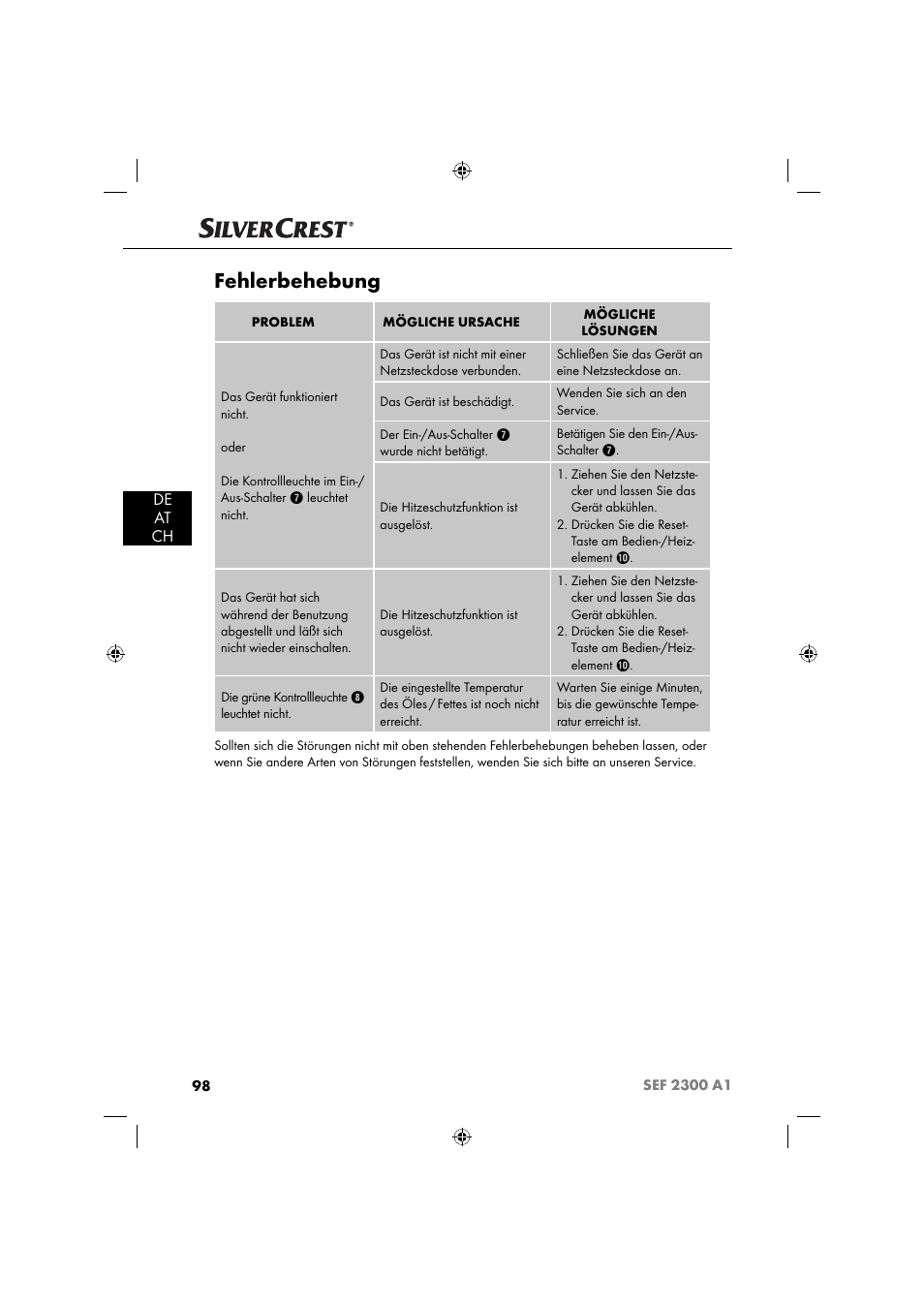 Fehlerbehebung, De at ch | Silvercrest SEF 2300 A1 User Manual | Page 101 / 104