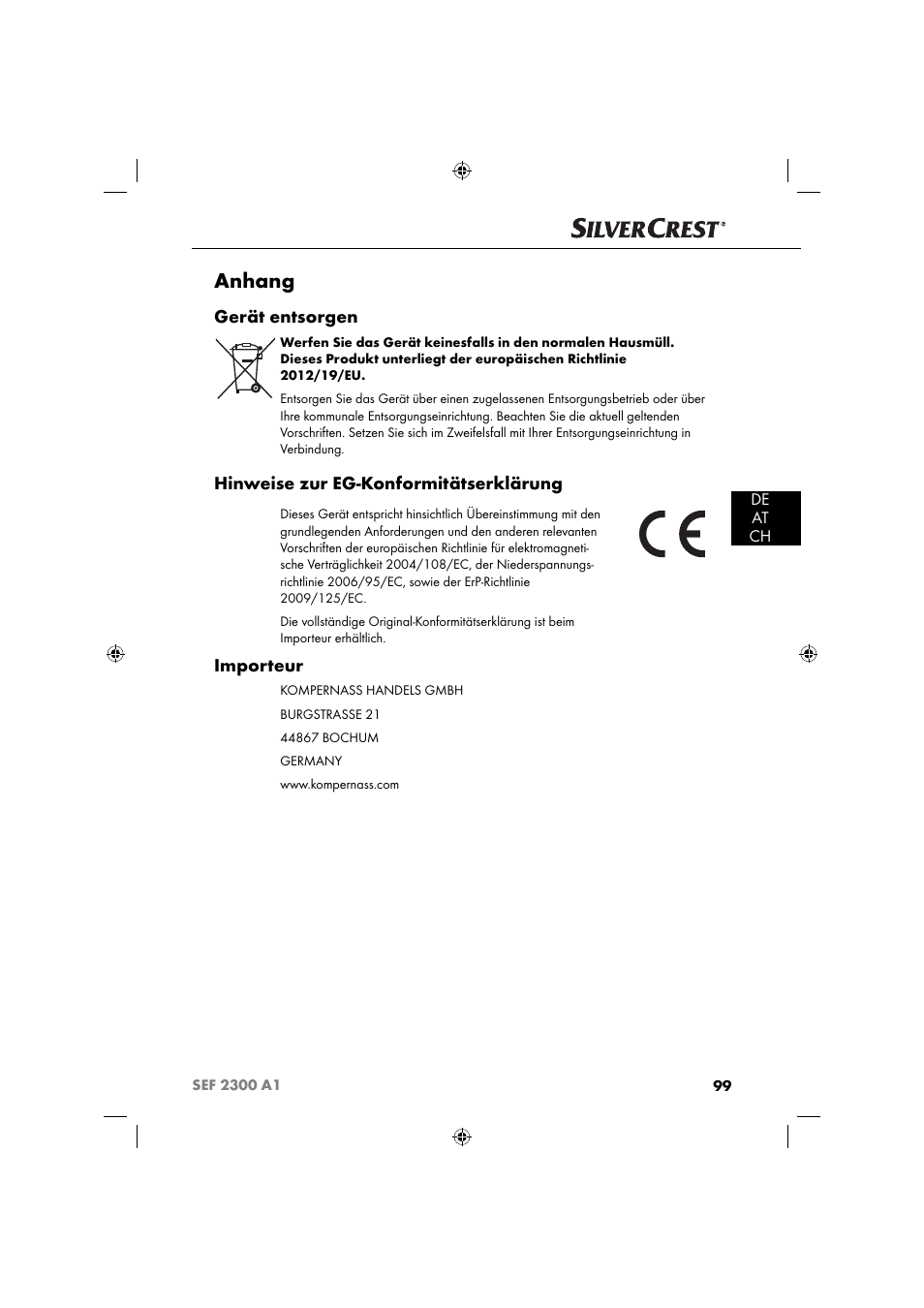 Anhang, Gerät entsorgen, Hinweise zur eg-konformitätserklärung | Importeur, De at ch | Silvercrest SEF 2300 A1 User Manual | Page 102 / 104