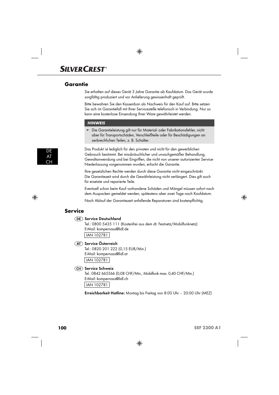 Garantie, Service, De at ch | Silvercrest SEF 2300 A1 User Manual | Page 103 / 104