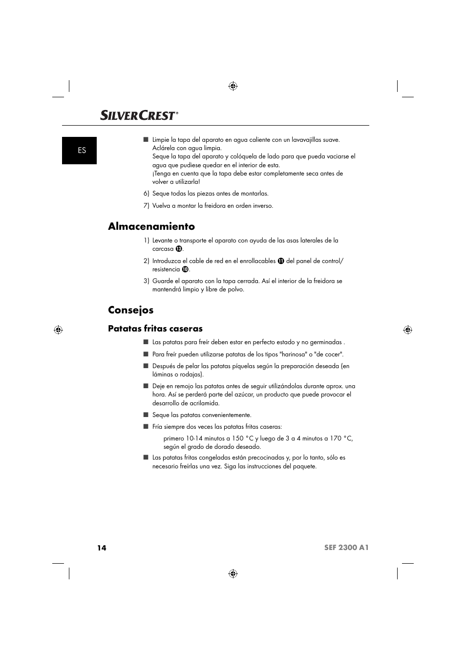 Almacenamiento, Consejos, Patatas fritas caseras | Silvercrest SEF 2300 A1 User Manual | Page 17 / 104