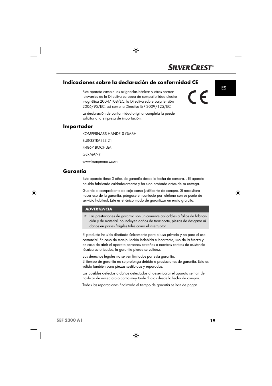 Importador, Garantía | Silvercrest SEF 2300 A1 User Manual | Page 22 / 104