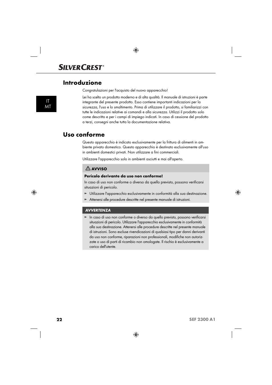 Introduzione, Uso conforme, It mt | Silvercrest SEF 2300 A1 User Manual | Page 25 / 104