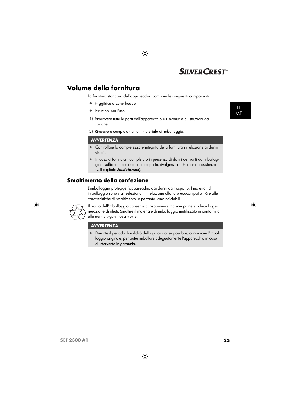 Volume della fornitura, Smaltimento della confezione, It mt | Silvercrest SEF 2300 A1 User Manual | Page 26 / 104