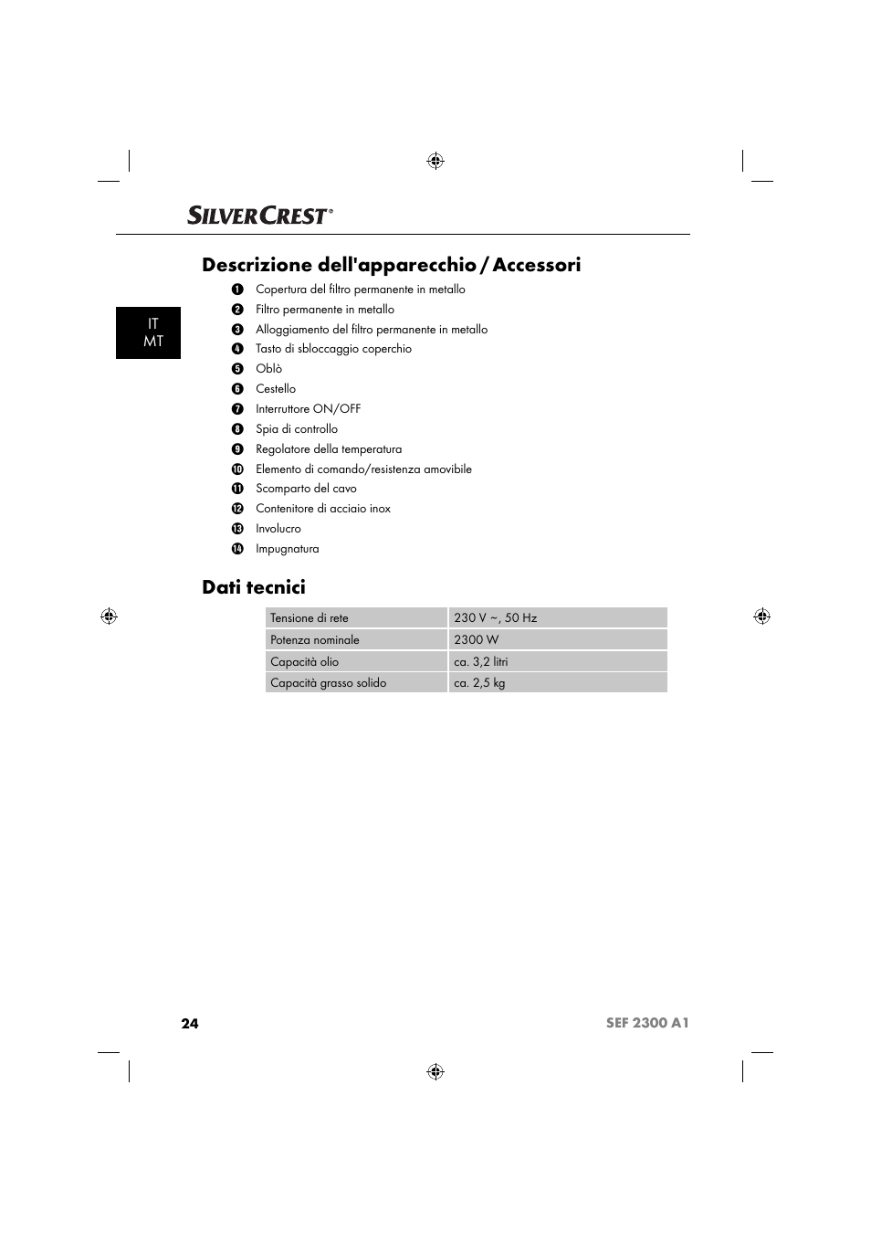 Descrizione dell'apparecchio / accessori, Dati tecnici, It mt | Silvercrest SEF 2300 A1 User Manual | Page 27 / 104
