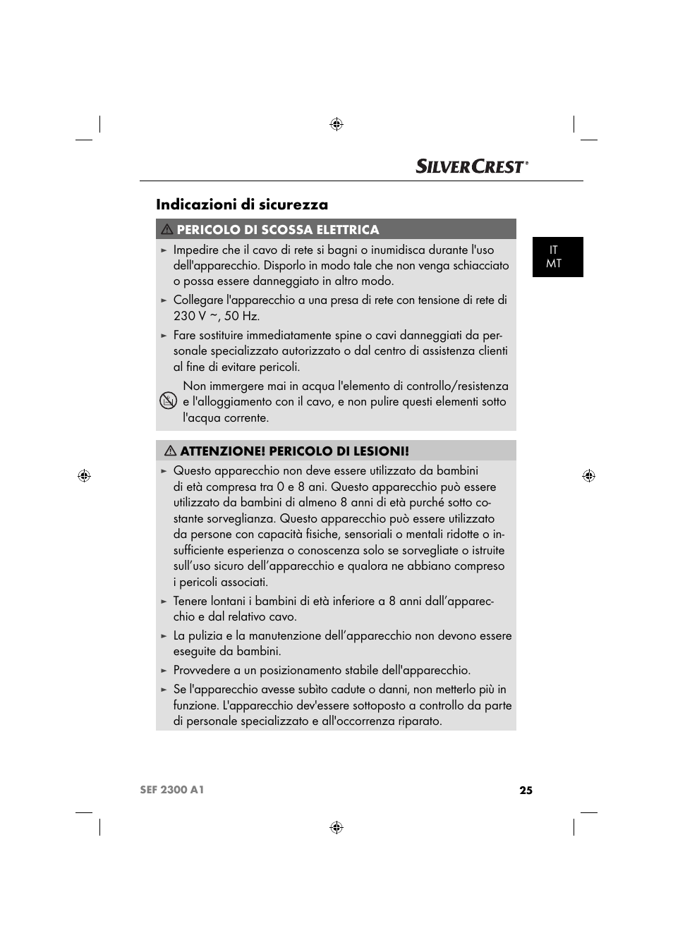 Indicazioni di sicurezza, Pericolo di scossa elettrica | Silvercrest SEF 2300 A1 User Manual | Page 28 / 104
