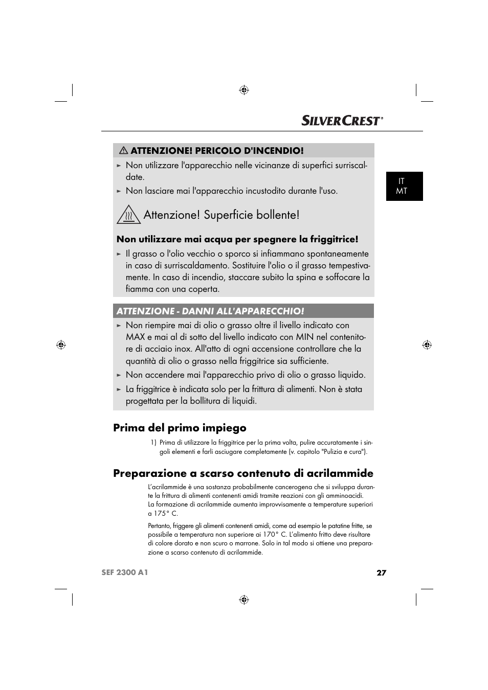 Attenzione! superﬁ cie bollente, Prima del primo impiego, Preparazione a scarso contenuto di acrilammide | Attenzione! pericolo d'incendio | Silvercrest SEF 2300 A1 User Manual | Page 30 / 104