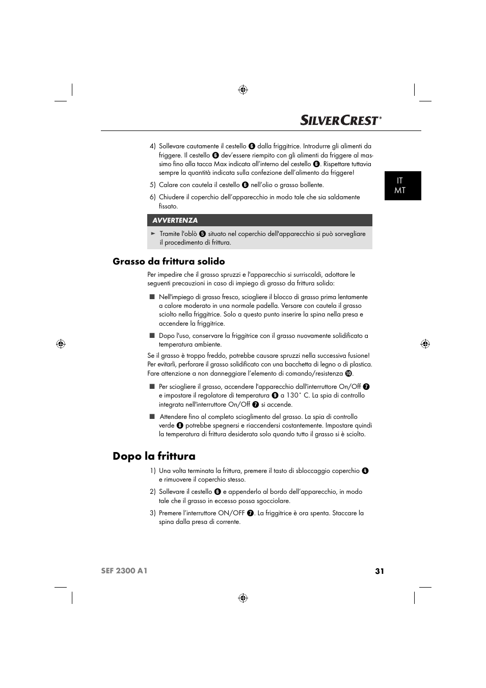 Dopo la frittura, Grasso da frittura solido, It mt | Silvercrest SEF 2300 A1 User Manual | Page 34 / 104