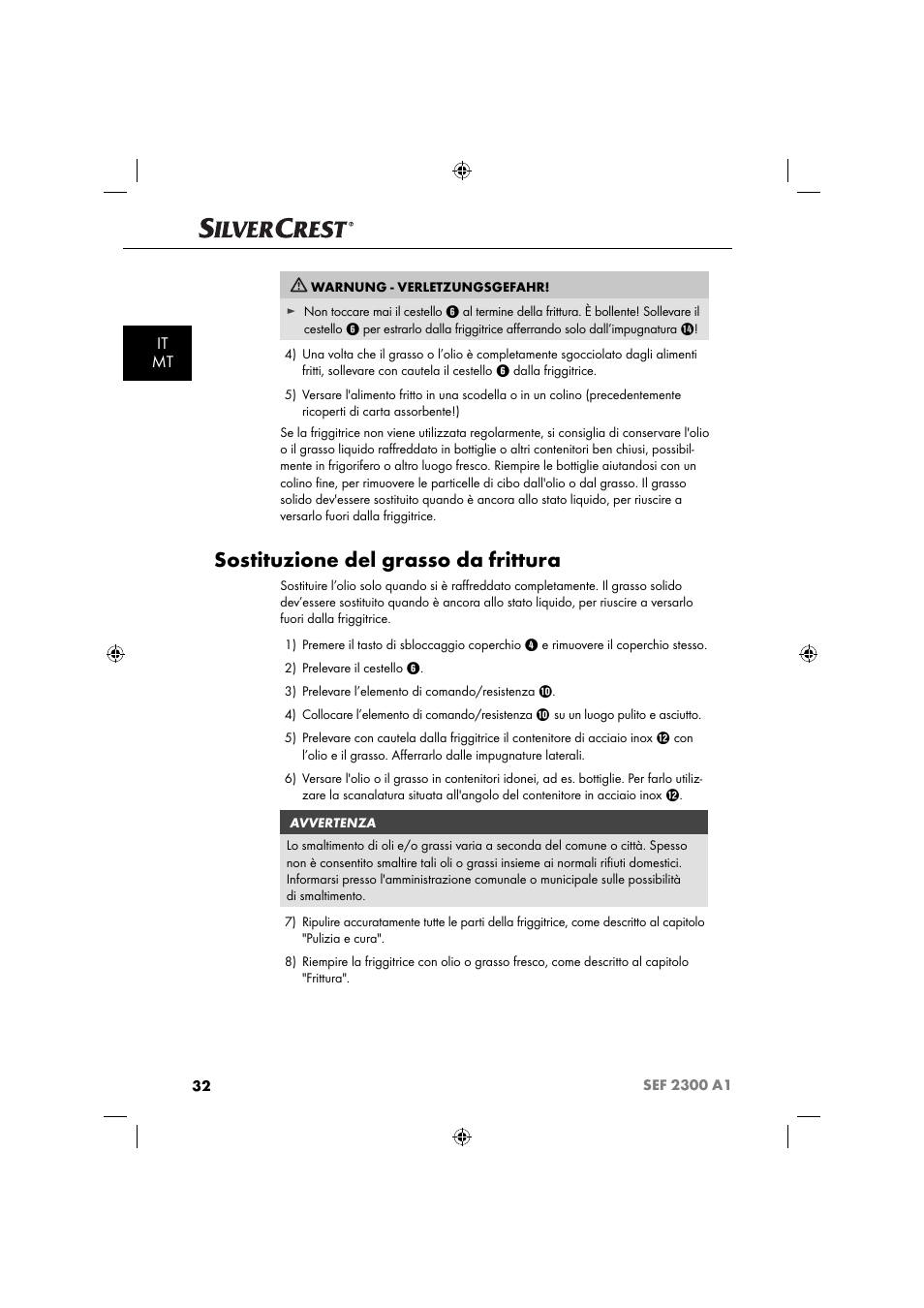 Sostituzione del grasso da frittura, It mt | Silvercrest SEF 2300 A1 User Manual | Page 35 / 104