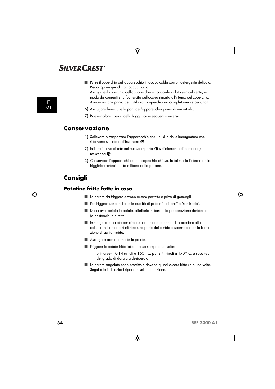 Conservazione, Consigli, Patatine fritte fatte in casa | It mt | Silvercrest SEF 2300 A1 User Manual | Page 37 / 104