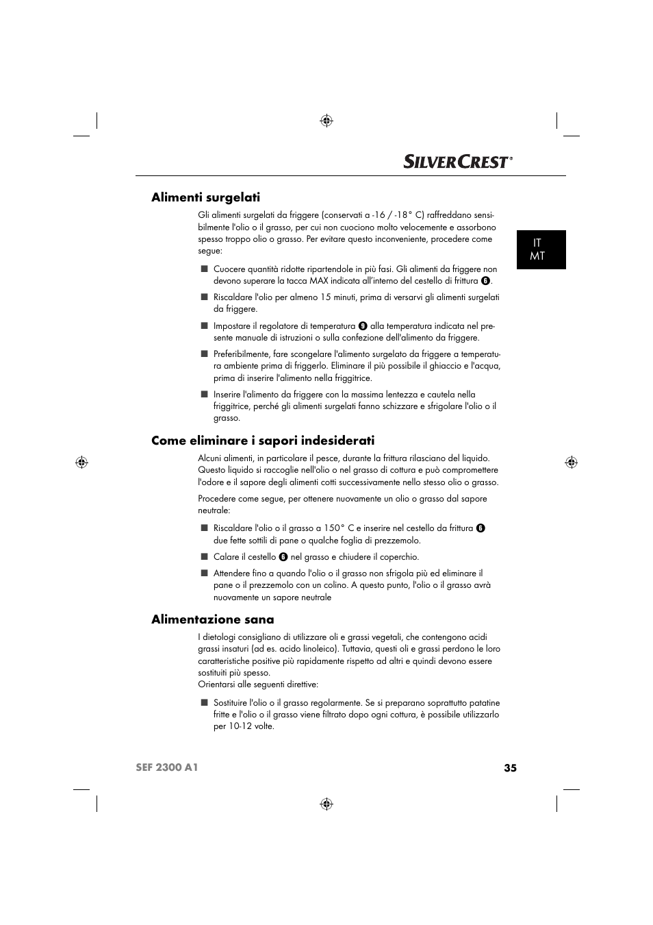 Alimenti surgelati, Come eliminare i sapori indesiderati, Alimentazione sana | It mt | Silvercrest SEF 2300 A1 User Manual | Page 38 / 104