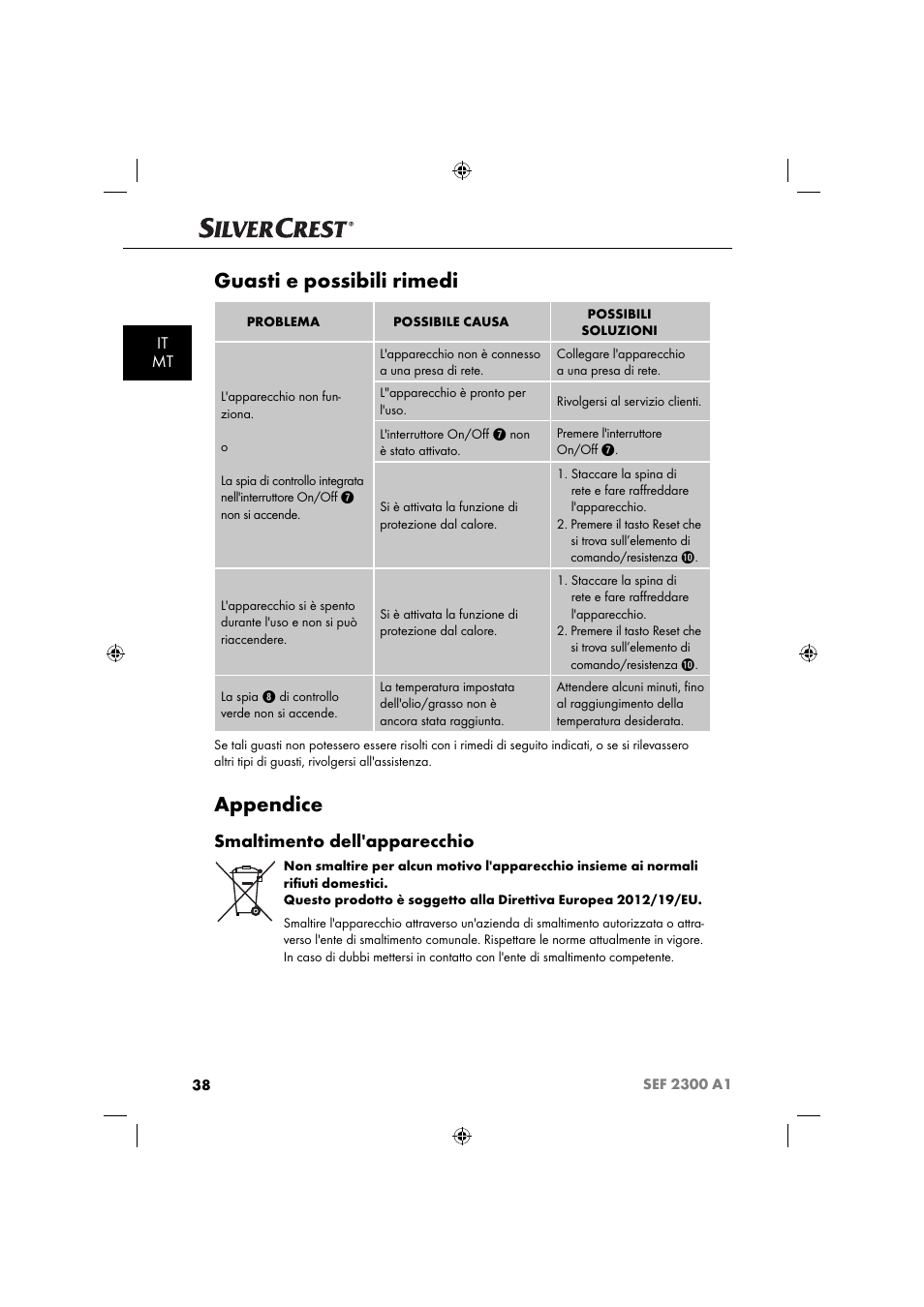 Guasti e possibili rimedi, Appendice, Smaltimento dell'apparecchio | It mt | Silvercrest SEF 2300 A1 User Manual | Page 41 / 104