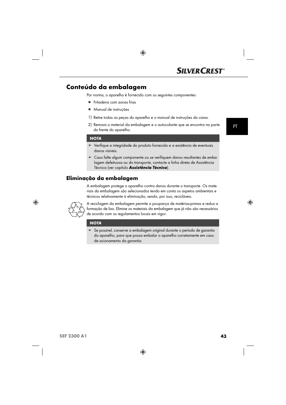 Conteúdo da embalagem, Eliminação da embalagem | Silvercrest SEF 2300 A1 User Manual | Page 46 / 104