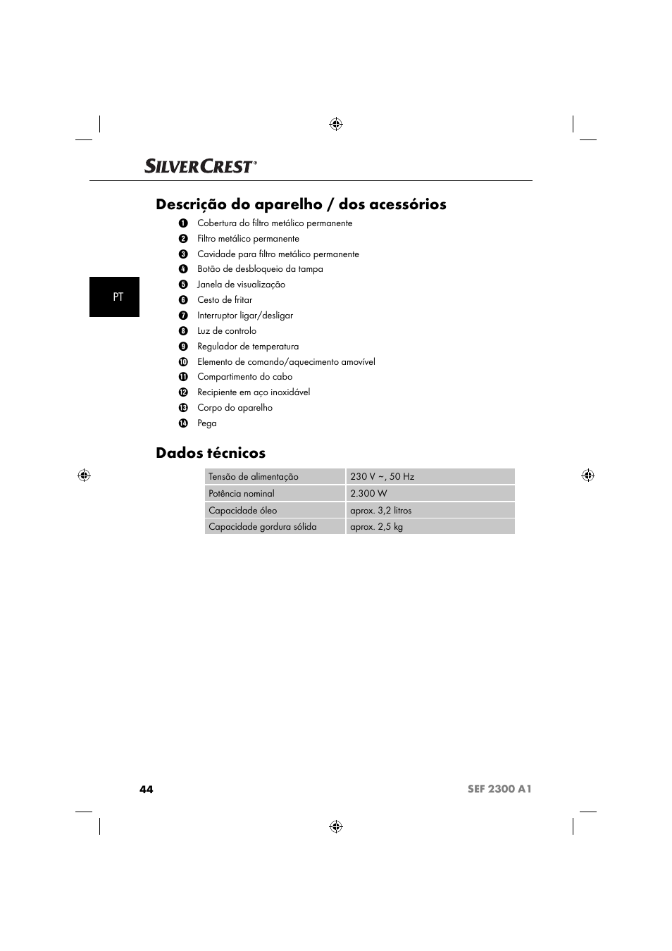 Descrição do aparelho / dos acessórios, Dados técnicos | Silvercrest SEF 2300 A1 User Manual | Page 47 / 104