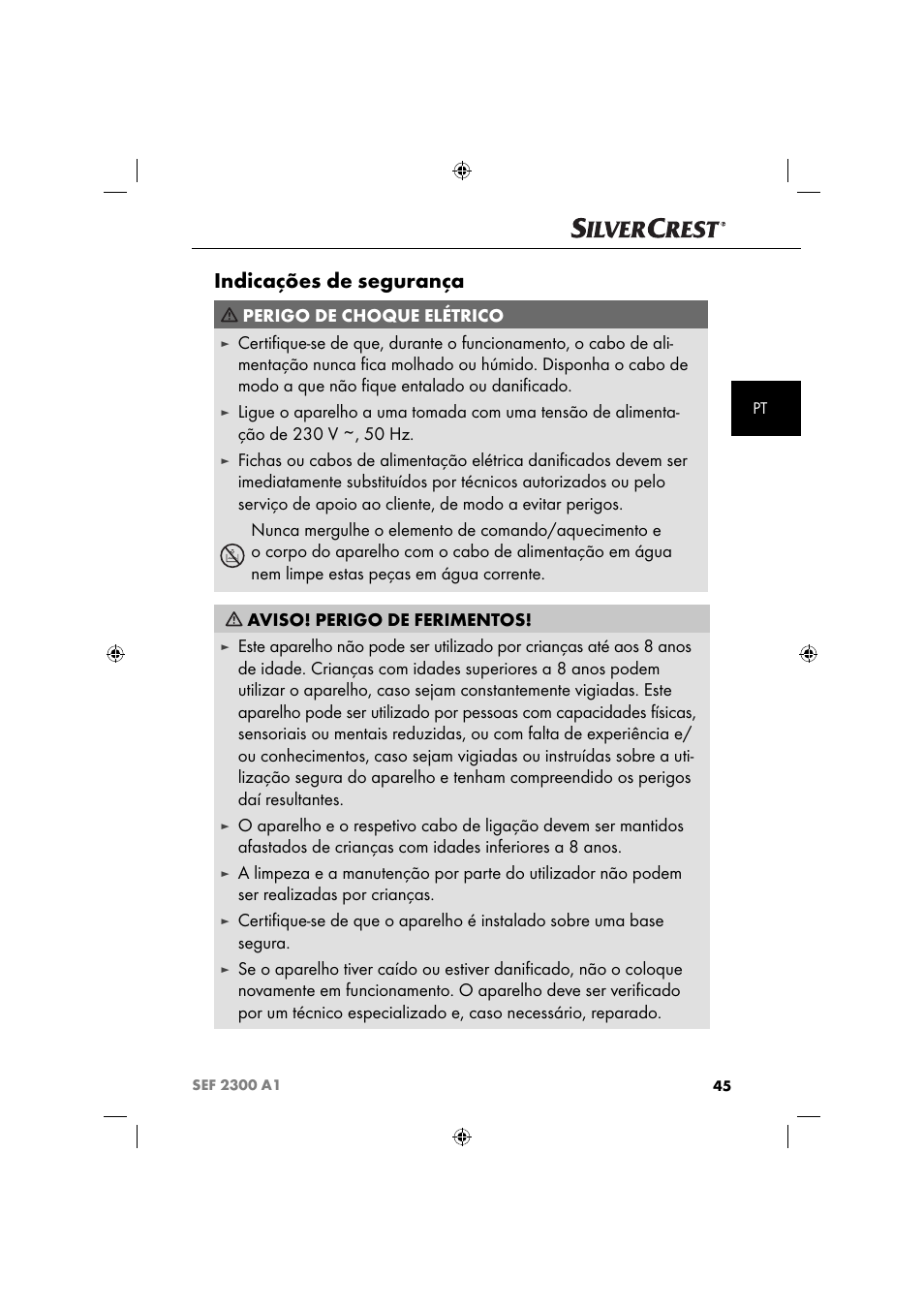 Indicações de segurança, Perigo de choque elétrico | Silvercrest SEF 2300 A1 User Manual | Page 48 / 104