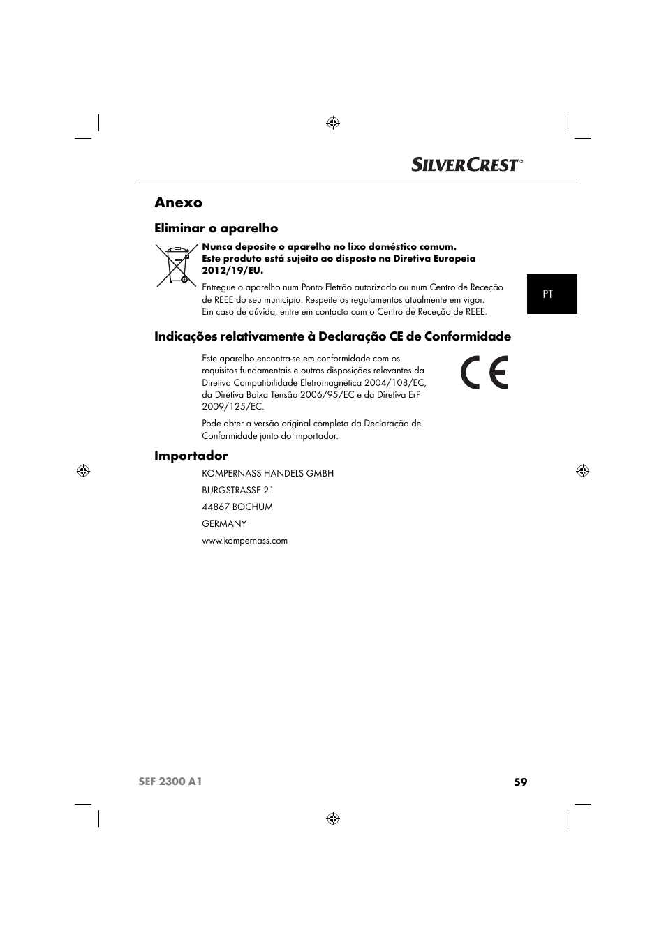 Anexo, Eliminar o aparelho, Importador | Silvercrest SEF 2300 A1 User Manual | Page 62 / 104