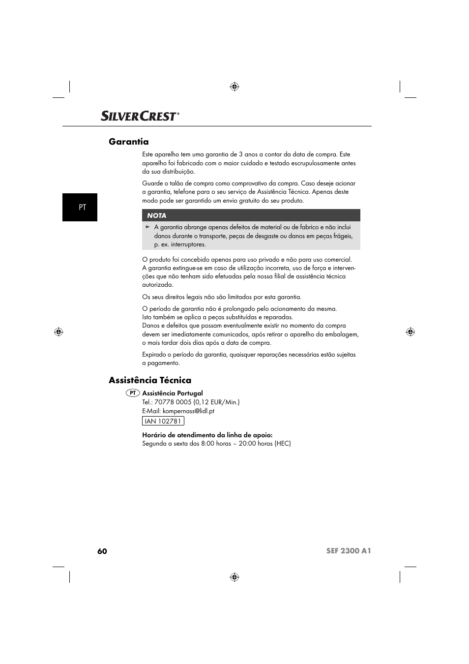 Garantia, Assistência técnica | Silvercrest SEF 2300 A1 User Manual | Page 63 / 104