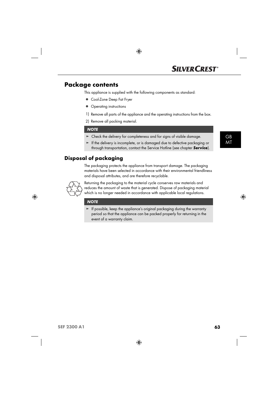 Package contents, Disposal of packaging, Gb mt | Silvercrest SEF 2300 A1 User Manual | Page 66 / 104