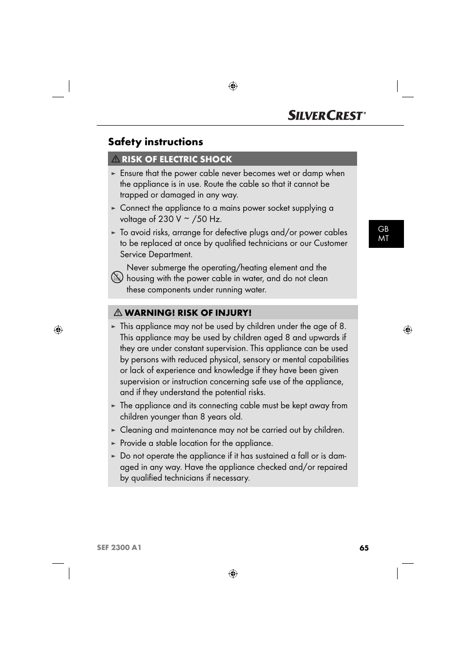 Safety instructions, Risk of electric shock, Provide a stable location for the appliance | Silvercrest SEF 2300 A1 User Manual | Page 68 / 104