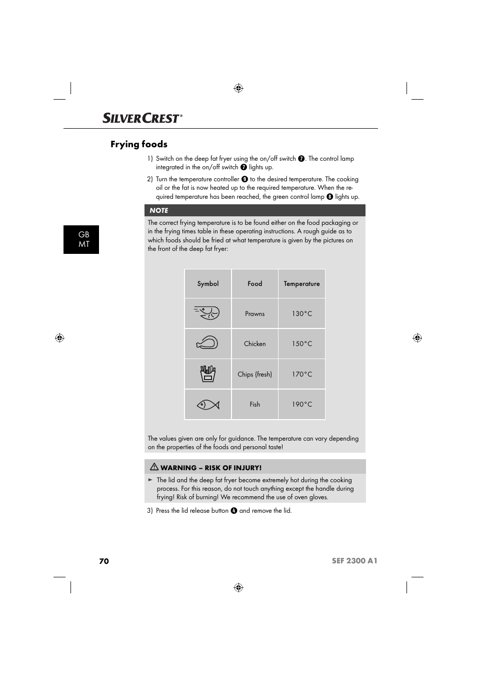Frying foods, Gb mt | Silvercrest SEF 2300 A1 User Manual | Page 73 / 104